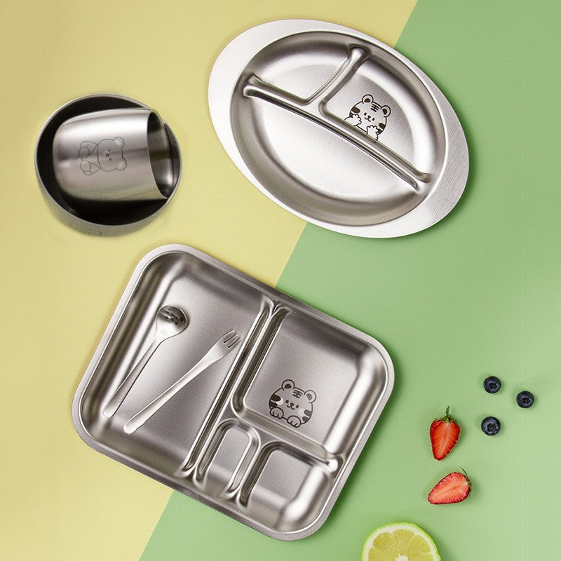 Stainless Steel Children's Plate - Animal Themed Oval Plate With Three Compartments - Plastic Free - Toxic Free - No Sucker