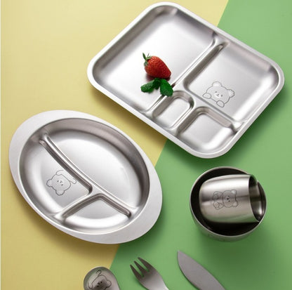 Stainless Steel Children's Plate - Animal Themed Oval Plate With Three Compartments - Plastic Free - Toxic Free - No Sucker